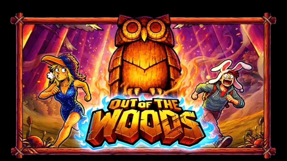 Captura de tela do jogo Out of the Woods, mostrando a grade de 5 rolos com símbolos de animais campistas e o cenário de floresta misteriosa.