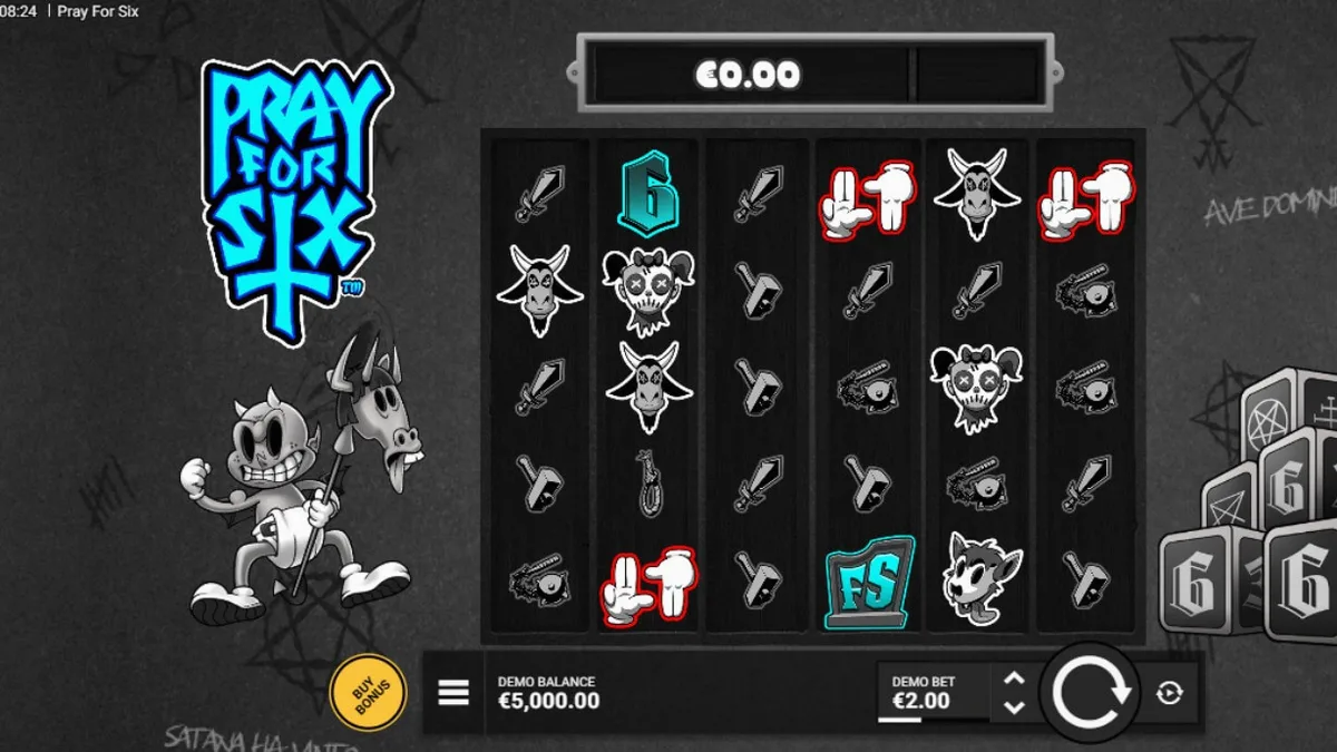 Interface do jogo Pray for Six com tema gótico e monocromático