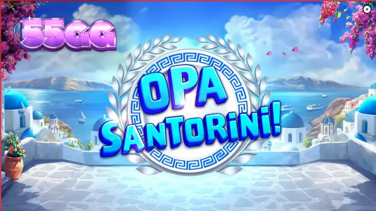 Vista panorâmica de Santorini com elementos visuais do slot Opa Santorini!